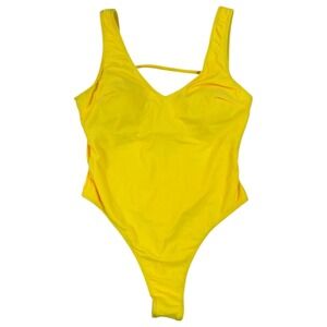 One Piece Swimsuit M Yellow High Cut V-Neck Thong Beachwear Neon Vacation Pool